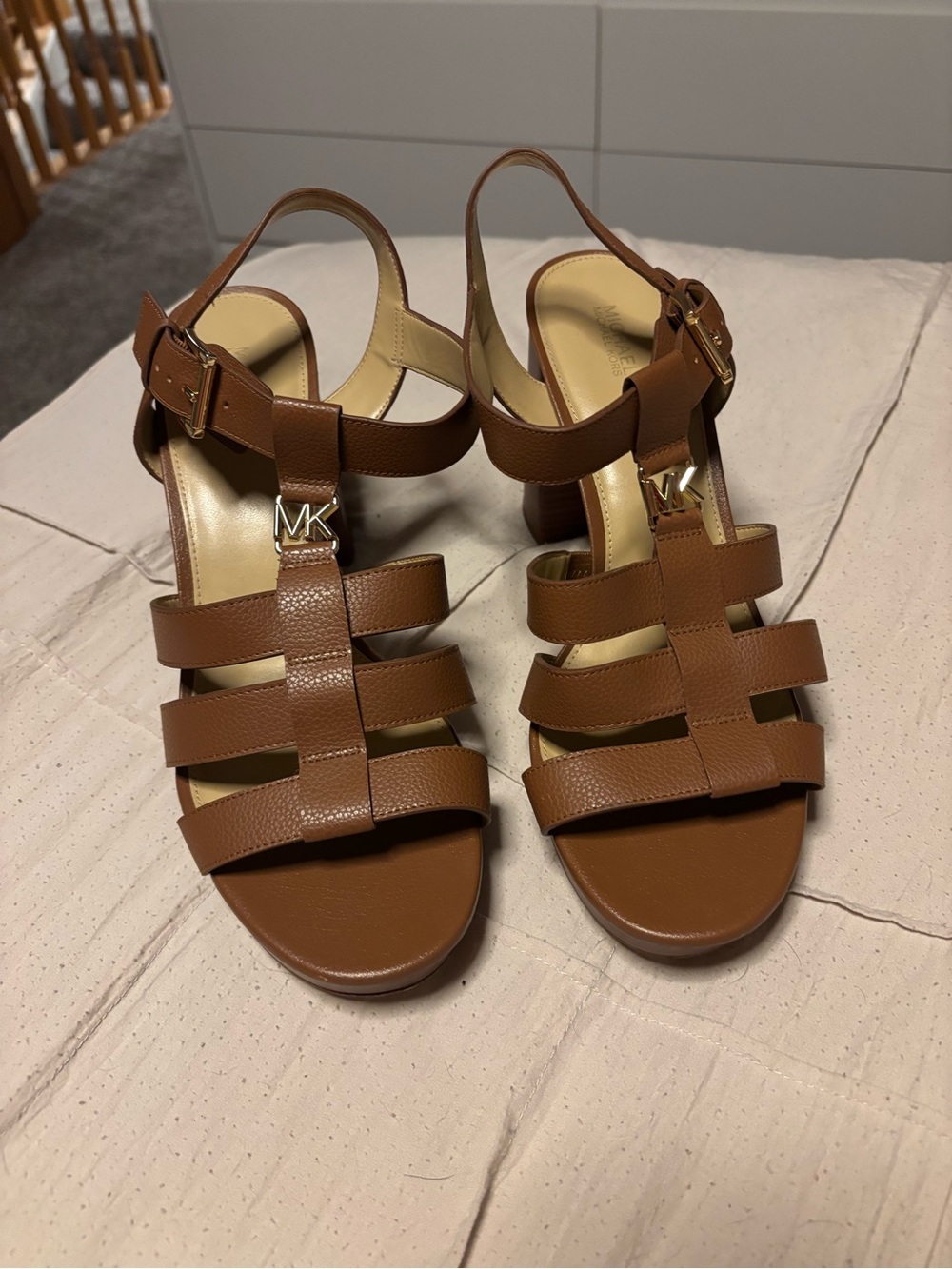 Michael Kors Tan Leather Multi-Strap Block Heel Sandals
